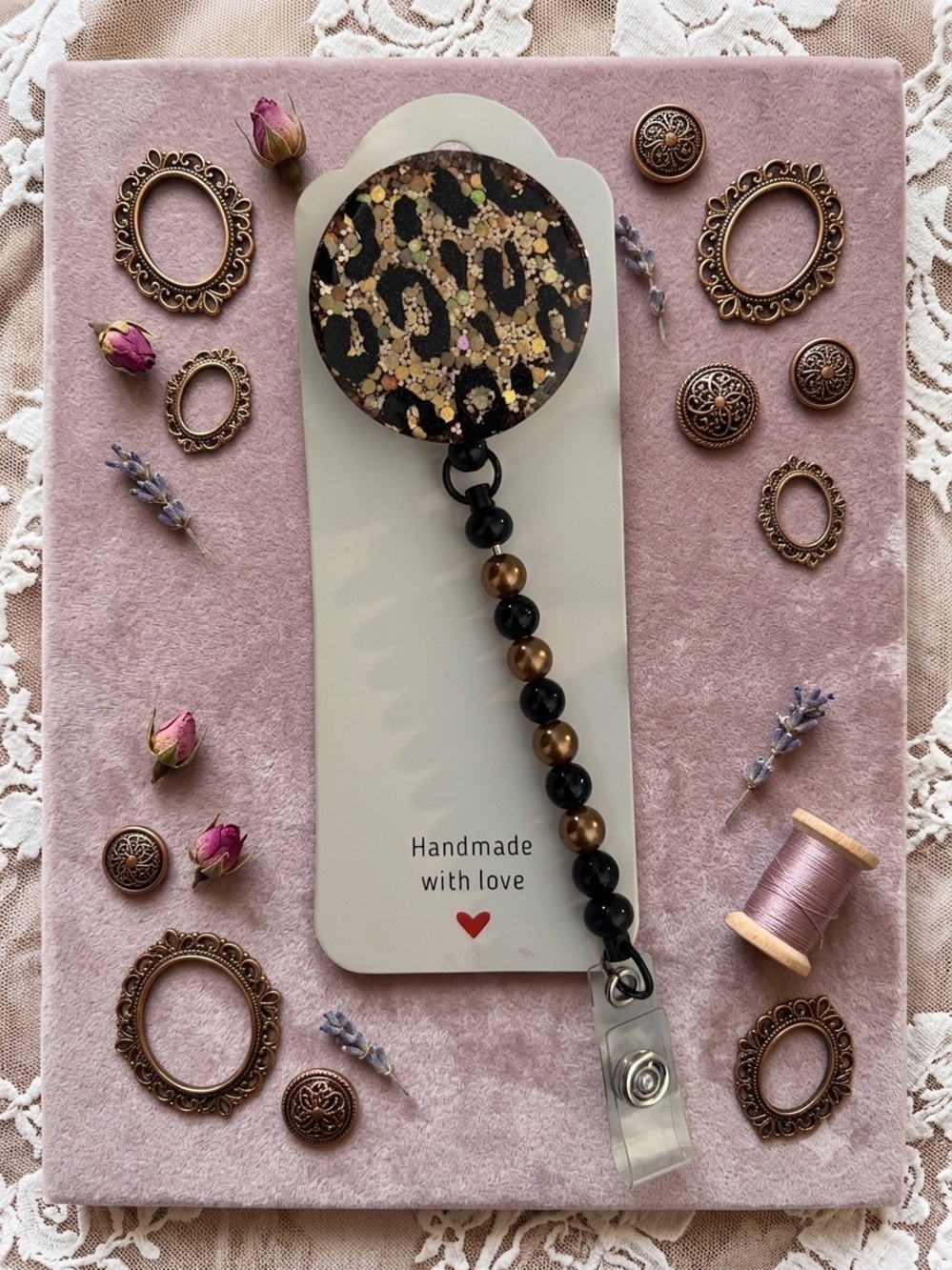 Handmade Leopard Print Badge Reel with Black and Gold Beaded Lanyard